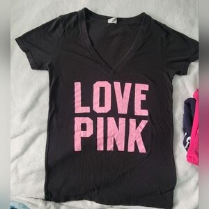PINK BRAND-Black V-Neck Sz Med T-Shirt with Pink Lettering